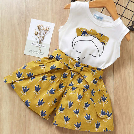 Kids Girls T Shirt And Shorts Two Piece Summer Set featuring a sleeveless top and floral patterned shorts.