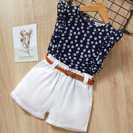 Kids Girls T Shirt And Shorts Two Piece Summer Set featuring a floral top and white shorts with a brown belt.