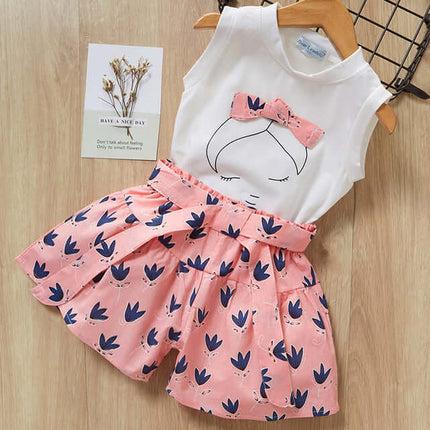 Kids Girls T Shirt And Shorts Two Piece Summer Set featuring a sleeveless top and floral shorts.