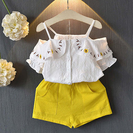 Kids Girls T Shirt And Shorts Two Piece Summer Set featuring a white top and yellow shorts.