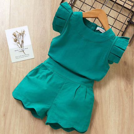 Kids Girls T Shirt And Shorts Two Piece Summer Set in green with ruffle sleeves and scalloped shorts.