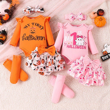 Kids Long Sleeve Romper Shorts Socks Set featuring Halloween themed outfits and accessories.