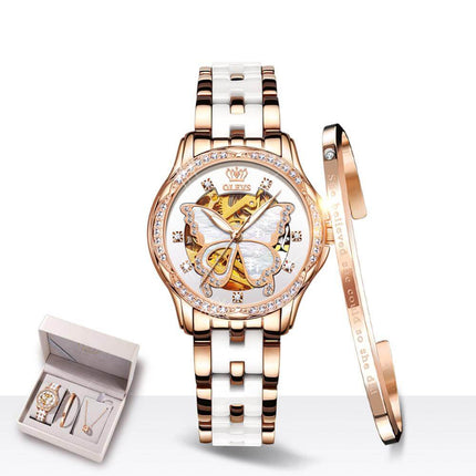 Ladies Automatic Mechanical Watch Gift Box Set featuring a butterfly design and elegant bracelet, presented in a stylish case.