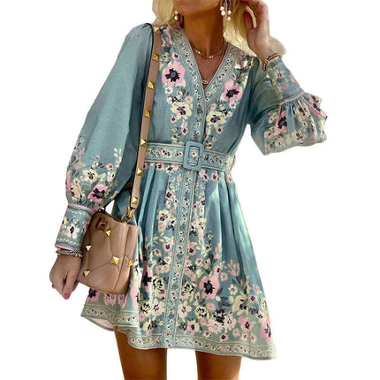 Ladies Fashion Loose Printed Boho Dress with floral design, long sleeves, and belt, perfect for summer styling.