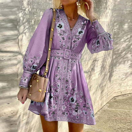 Ladies Fashion Loose Printed Boho Dress in lavender with floral print and belt, paired with a stylish handbag.