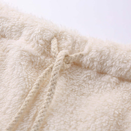Close-up of the drawstring detail on the shorts from the 3-Piece Ladies Plush Home Set.