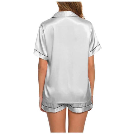 Back view of Ladies Short Sleeve Nightwear Casual Pajama Set in smooth satin fabric.