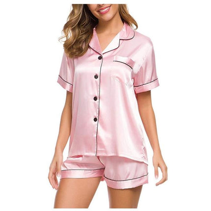 Ladies Short Sleeve Nightwear Casual Pajama Set in pink satin featuring short sleeves and button-down front.