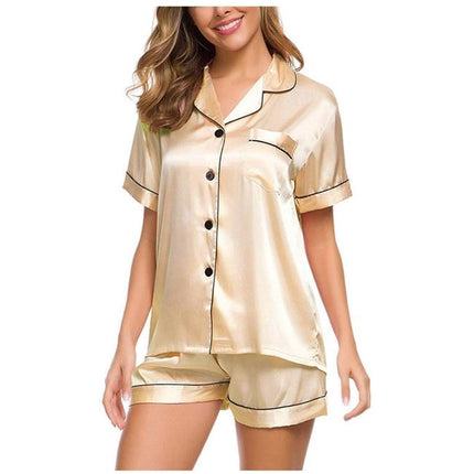 Ladies Short Sleeve Nightwear Casual Pajama Set in luxurious satin fabric with stylish buttons and pocket.
