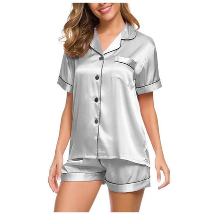 Ladies Short Sleeve Nightwear Casual Pajama Set in silver satin, featuring a button-up top and shorts.