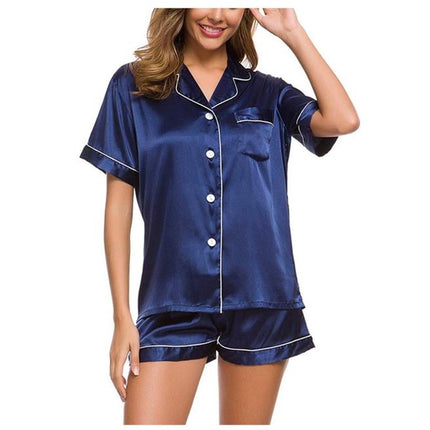 Ladies Short Sleeve Nightwear Casual Pajama Set in navy blue satin with button details and shorts.