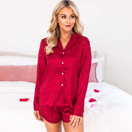 Lapel Long Sleeve Shorts Pajamas For Women Summer Set red color.