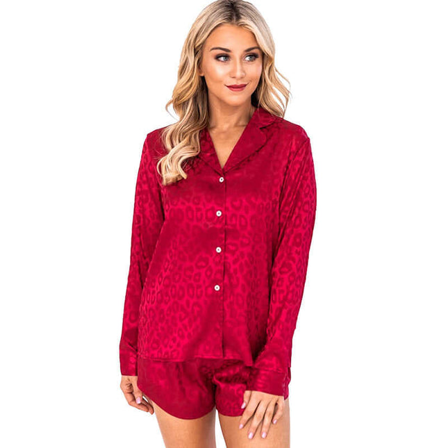 Lapel Long Sleeve Shorts Pajamas For Women Summer Set thin fabric thickness.