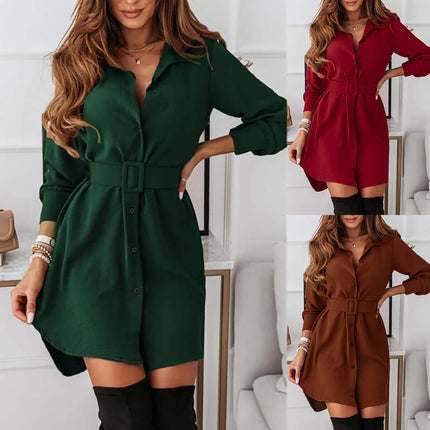 Lapel Long-sleeved Dress With Belt for Women size S 81cm length.