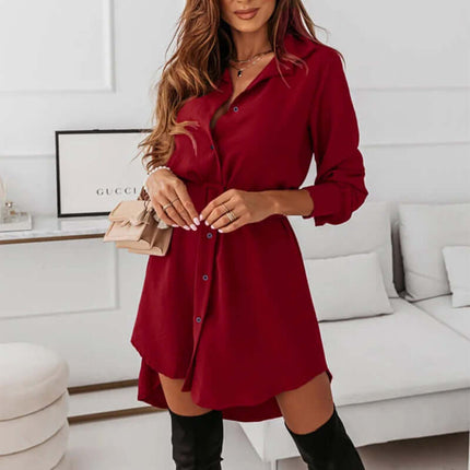 Lapel Long-sleeved Dress With Belt for Women size L 58cm sleeve.