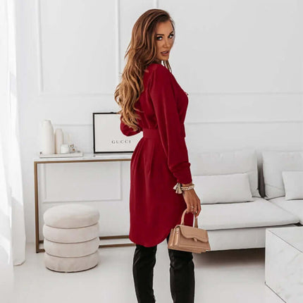 Lapel Long-sleeved Dress With Belt for Women size XL 32.8 inch length.