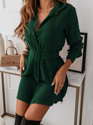 Lapel Long-sleeved Dress With Belt for Women size 2XL 43.7 inch bust.