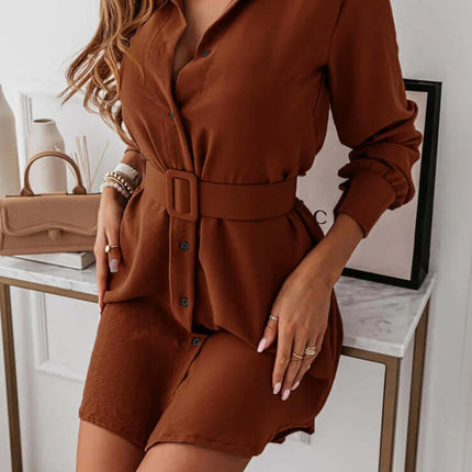Lapel Long-sleeved Dress With Belt for Women polyester fiber fabric.