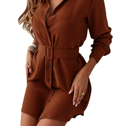 Lapel Long-sleeved Dress With Belt for Women regular long sleeve.