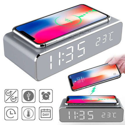 LED Digital Alarm Clock Wireless Charger Mirror front view