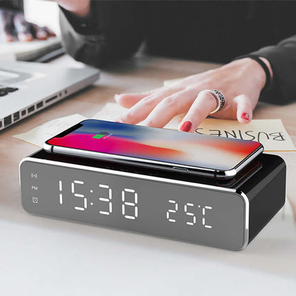 LED Digital Alarm Clock Wireless Charger Mirror bedside use
