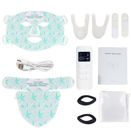 LED Silicone Face Neck Mask Light Therapy Apparatus showing components like the mask, remote control, USB cable, and manuals.