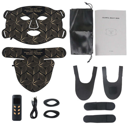 LED Silicone Face Neck Mask Light Therapy Apparatus components including mask, remote, cables, and manual.