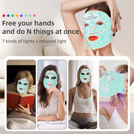 LED Silicone Face Neck Mask Light Therapy Apparatus worn by women showcasing 7 light modes and infrared features.