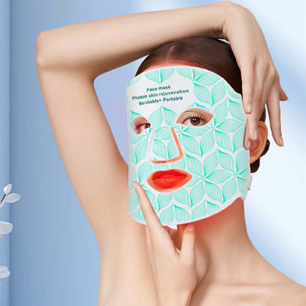 LED Silicone Face Neck Mask Light Therapy Apparatus worn by a model, highlighting its design and use.