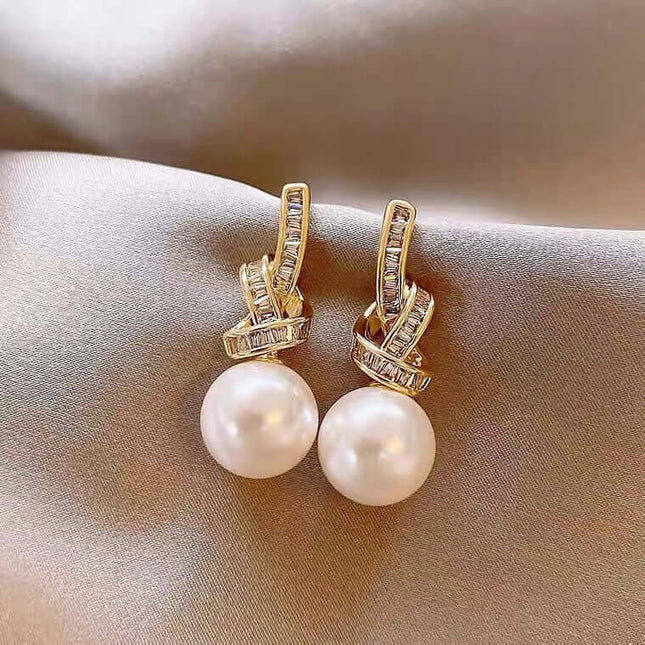 Light Luxury Micro Inlaid Zircon Bow Chain Earrings curved hanging buckle pearl.