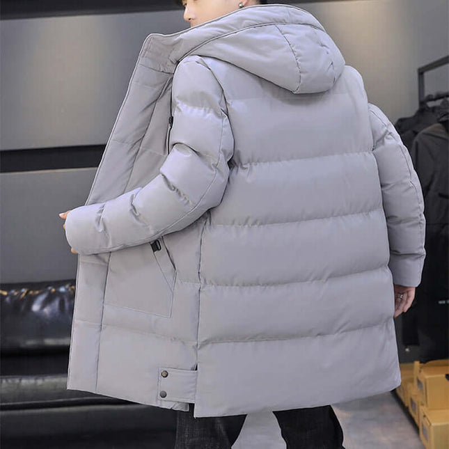 Long Hooded Jacket Men Winter Warm Windproof Coat silver gray color.