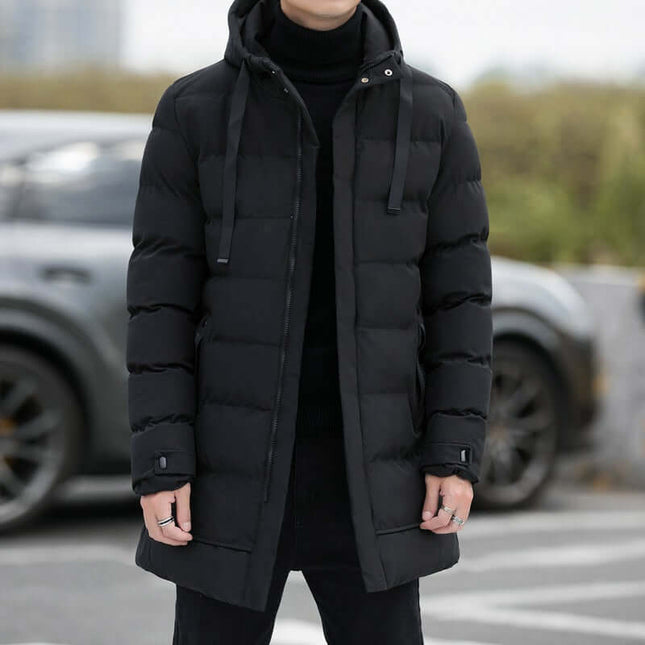 Long Hooded Jacket Men Winter Warm Windproof Coat crescent black style.