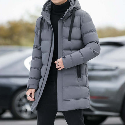 Long Hooded Jacket Men Winter Warm Windproof Coat 99 percent polyester fiber.