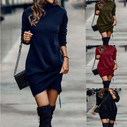 Long Sleeve High Neck Cross Short Dress for Women black asymmetric hem