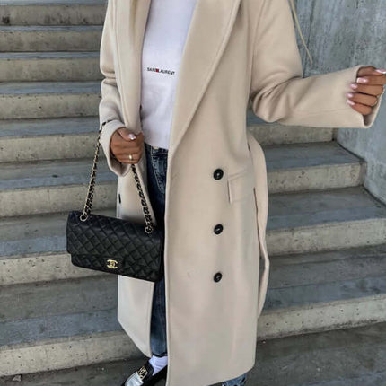 Long Sleeve Lapel Button Woolen Jacket for Women casual daytime wear display