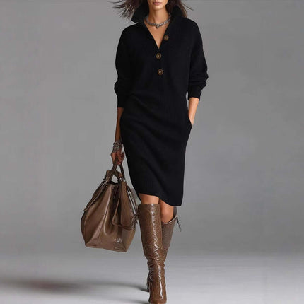 Long Sleeved Sweater Dress v neck button detail.