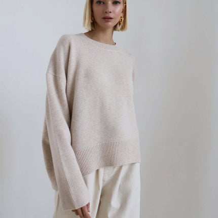 Loose Round Neck Knit Pullover Sweater for Women back view relaxed fit