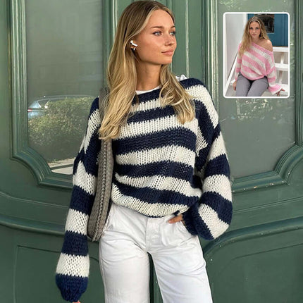 Loose Striped Pullover Sweater blue color front view.