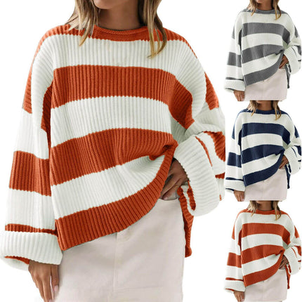 Loose Striped Sweater Fashion Long Batwing Sleeve Knit size chart S to 3XL.