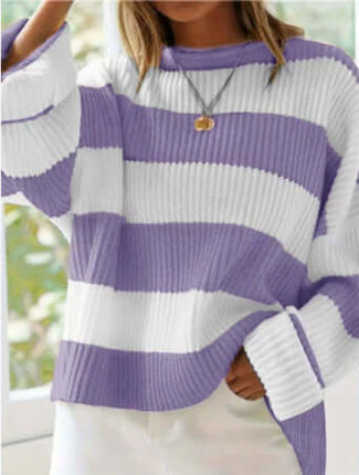 Loose Striped Sweater Fashion Long Batwing Sleeve Knit round neck design.