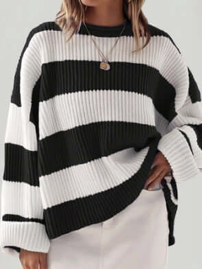 Loose Striped Sweater Fashion Long Batwing Sleeve Knit size XL bust 124cm.