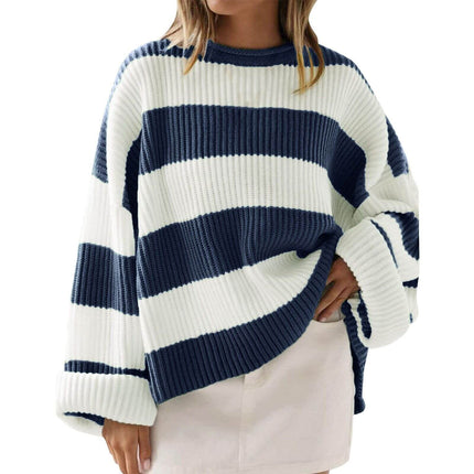 Loose Striped Sweater Fashion Long Batwing Sleeve Knit size 2XL length 63cm.