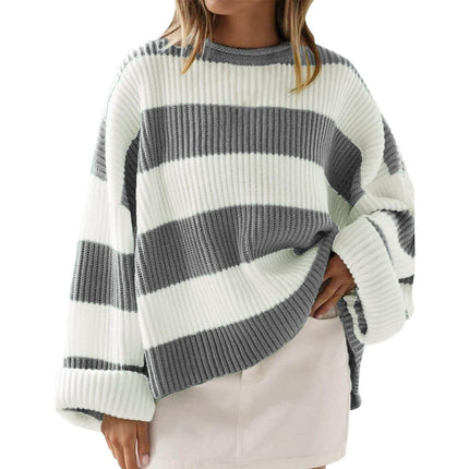 Loose Striped Sweater Fashion Long Batwing Sleeve Knit orange contrast color.
