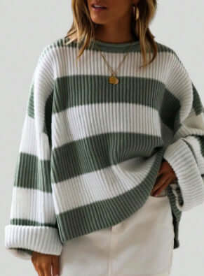Loose Striped Sweater Fashion Long Batwing Sleeve Knit blue fashionable pullover.