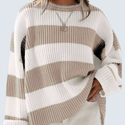 Loose Striped Sweater Fashion Long Batwing Sleeve Knit gray casual knit top.