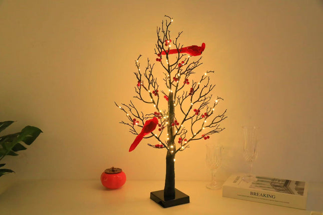 Luminous Red Bird Tree Lamp – Decorative Winding Branch Light for Holiday Home Atmosphere & Table Decoration, red bird tree lamp, christmas tree light, decorative table lamp, holiday home decor, festive lighting, warm atmosphere lamp, christmas decoration