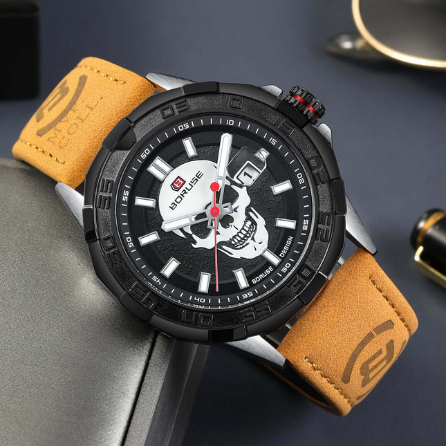 Luminous Waterproof Leather Quartz Sports Watch black dial close up