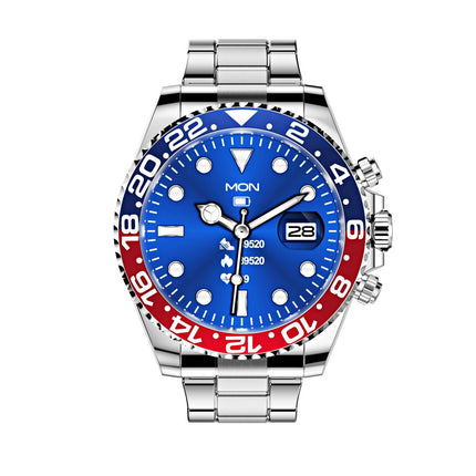 Luxury Green Water Ghost Smartwatch for Men featuring a blue dial, stainless steel band, and chronograph functions.