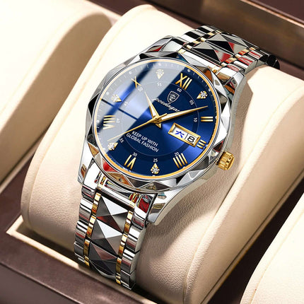 Luxury Business Quartz Watch Waterproof Calendar with a blue dial and a stylish metal band displayed in a watch case.