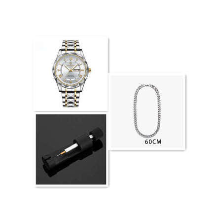 Luxury Business Quartz Watch Waterproof Calendar with elegant design and accessories including a 60CM chain